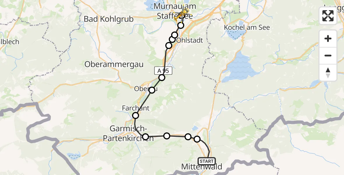Flugroute Rettungshubschrauber Mittenwald - Murnau Accident Hospital Heliport, 14 Februar 2026, 12:20