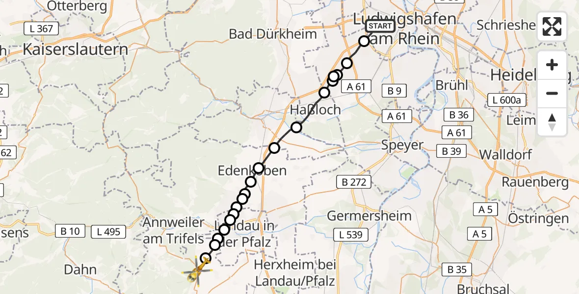 Flugroute Rettungshubschrauber Ludwigshafen am Rhein - Klingenmünster, 14 Februar 2026, 12:25