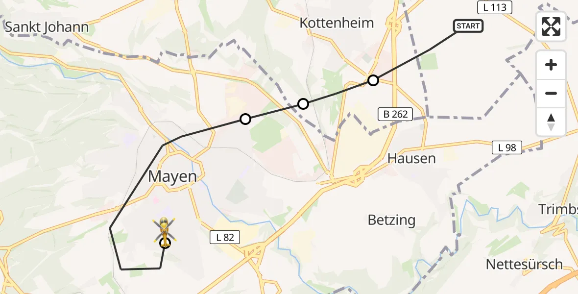 Flugroute Rettungshubschrauber Thür - Mittlerhein Community Hospital Sankt Elisabeth Mayen Heliport, 14 Februar 2026, 12:25