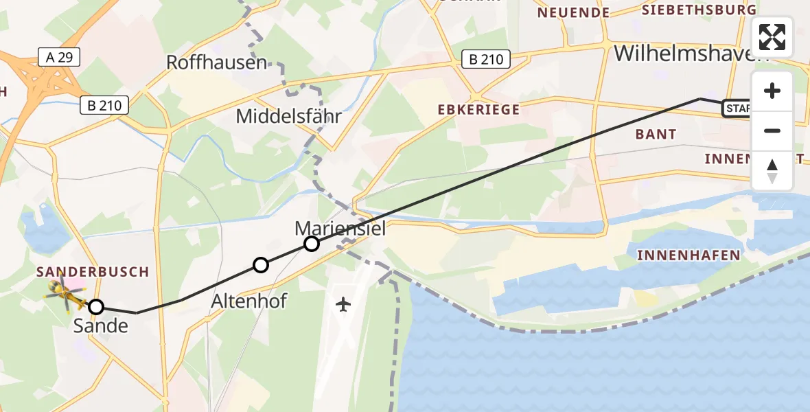 Flugroute Rettungshubschrauber Wilhelmshaven - Sande, 14 Februar 2026, 12:38