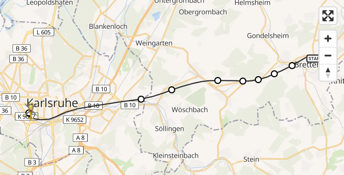 Flugroute Rettungshubschrauber Bretten - Sankt Vincentius Hospital Heliport, 14 Februar 2026, 12:40