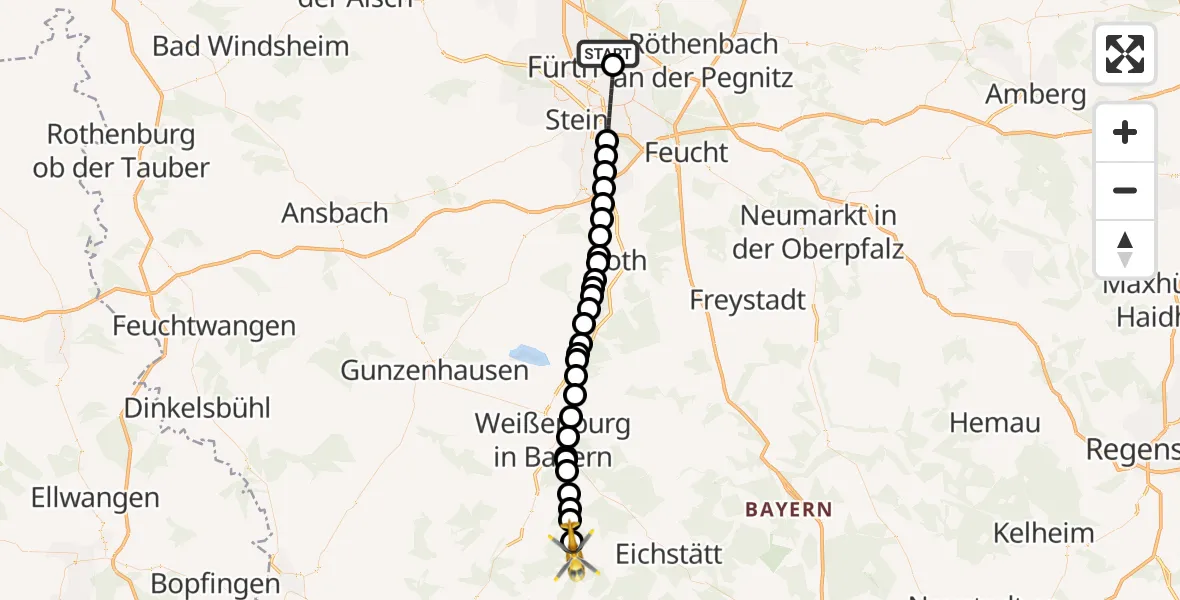 Flugroute Rettungshubschrauber Nuremberg Airport - Solnhofen, 14 Februar 2026, 12:51
