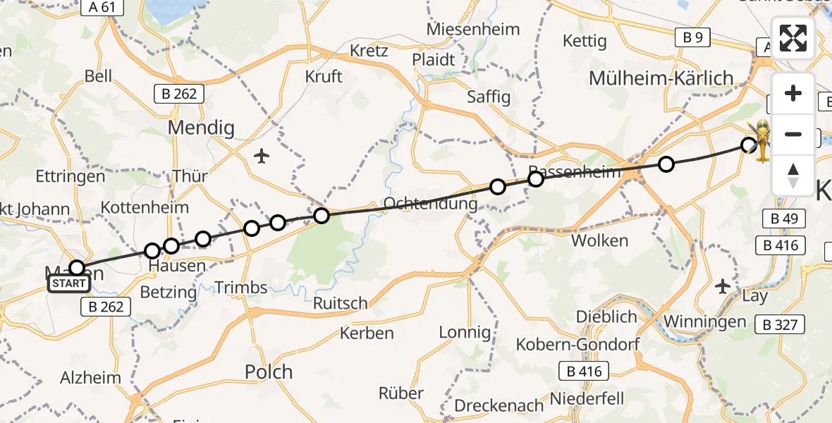Flugroute Rettungshubschrauber Mittlerhein Community Hospital Sankt Elisabeth Mayen Heliport - Koblenz, 14 Februar 2026, 12:52