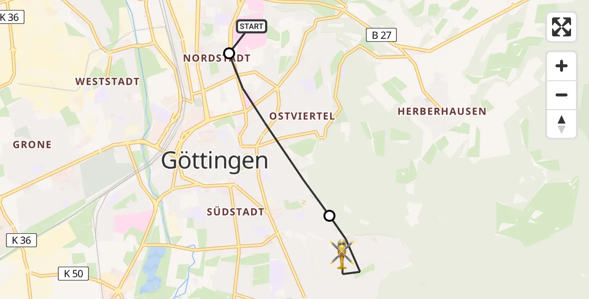 Flugroute Rettungshubschrauber Göttingen University Clinic Heliport - Göttingen, 14 Februar 2026, 13:02