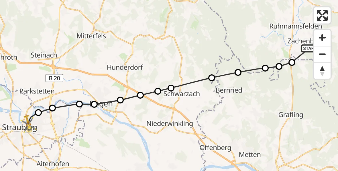 Flugroute Rettungshubschrauber Kleinried - Straubing, 14 Februar 2026, 13:25