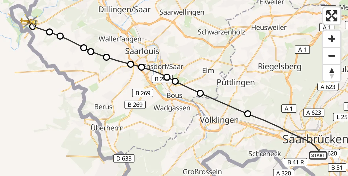 Flugroute Rettungshubschrauber Saarbrücken - Niedaltdorf, 14 Februar 2026, 13:34