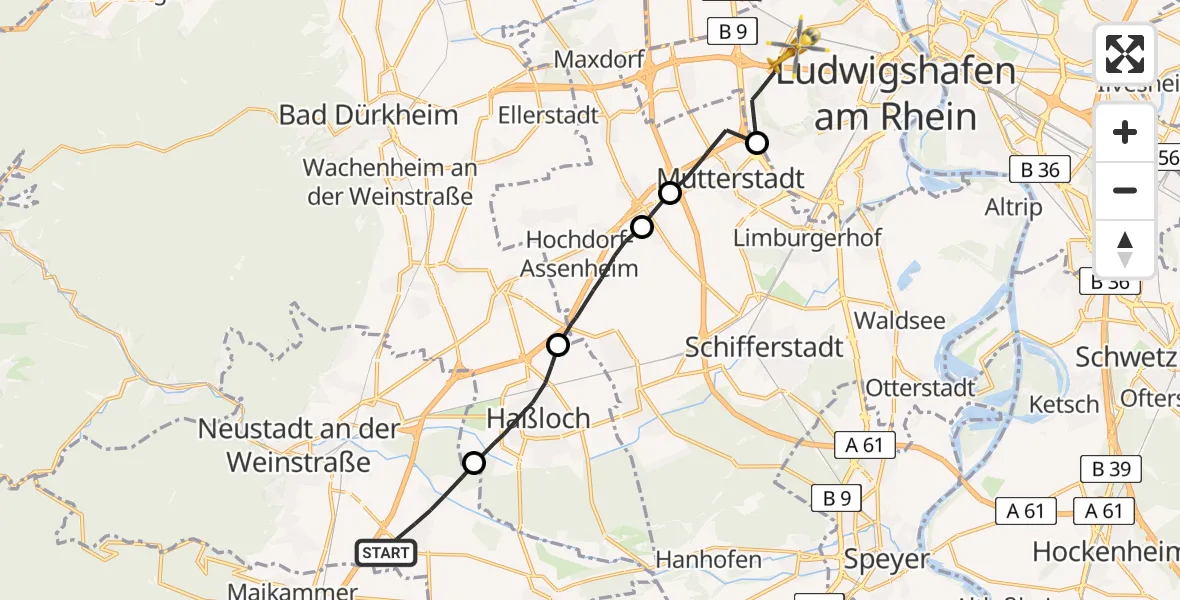 Flugroute Rettungshubschrauber Neustadt an der Weinstraße - Ludwigshafen Accident Hospital Heliport, 14 Februar 2026, 13:41