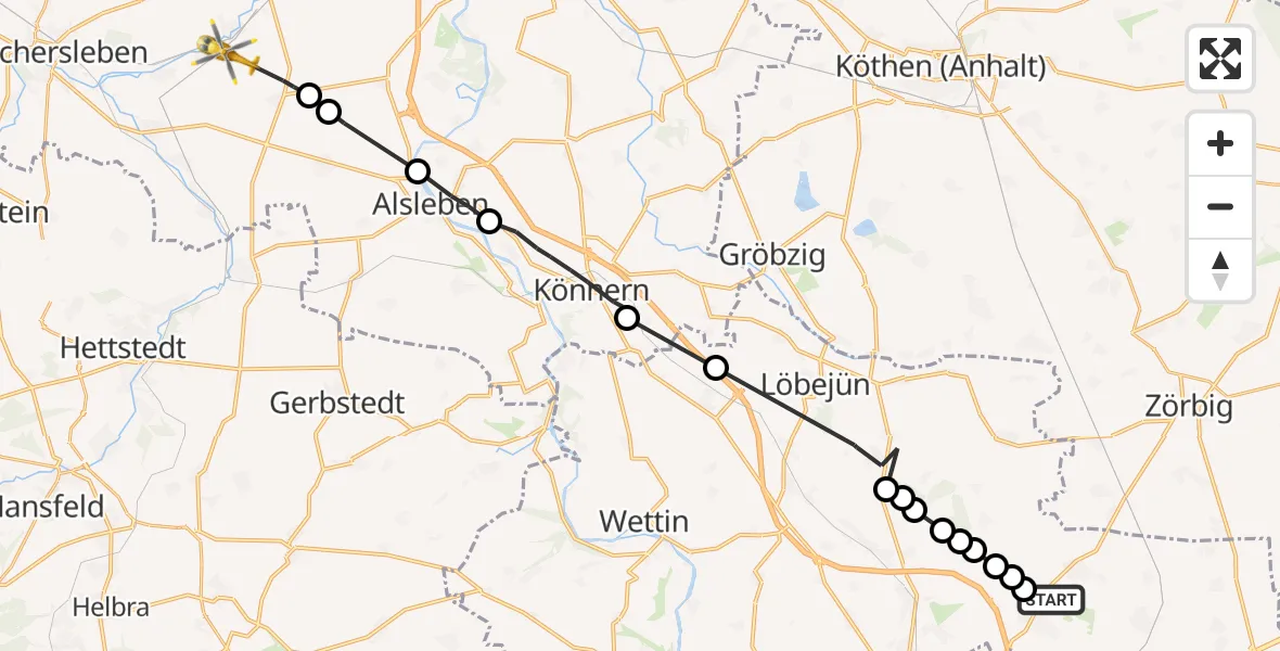 Flugroute Rettungshubschrauber Petersberg - Aschersleben, 14 Februar 2026, 13:56