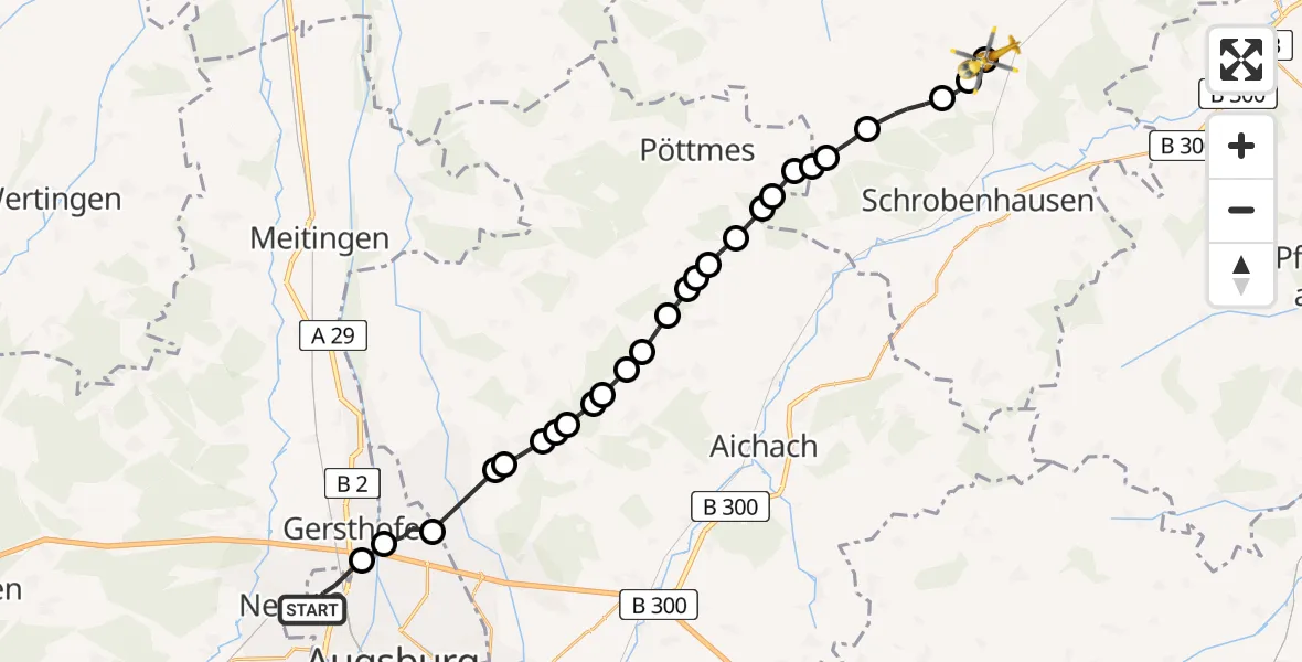Flugroute Rettungshubschrauber Augsburg - Alteneich, 14 Februar 2026, 14:01