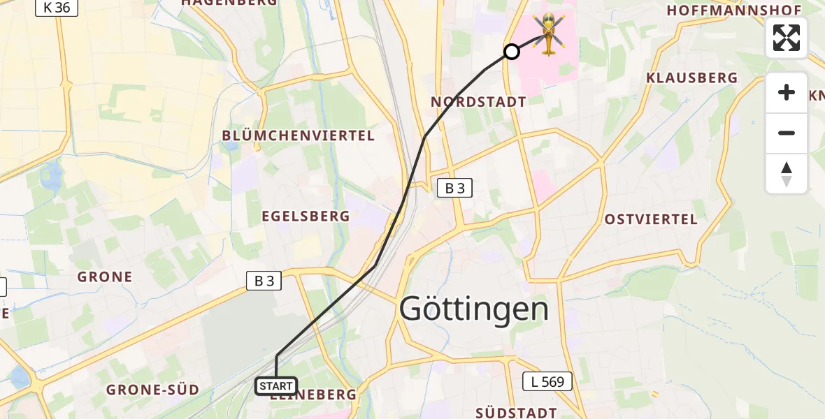 Flugroute Rettungshubschrauber Göttingen - Göttingen University Clinic Heliport, 14 Februar 2026, 14:10
