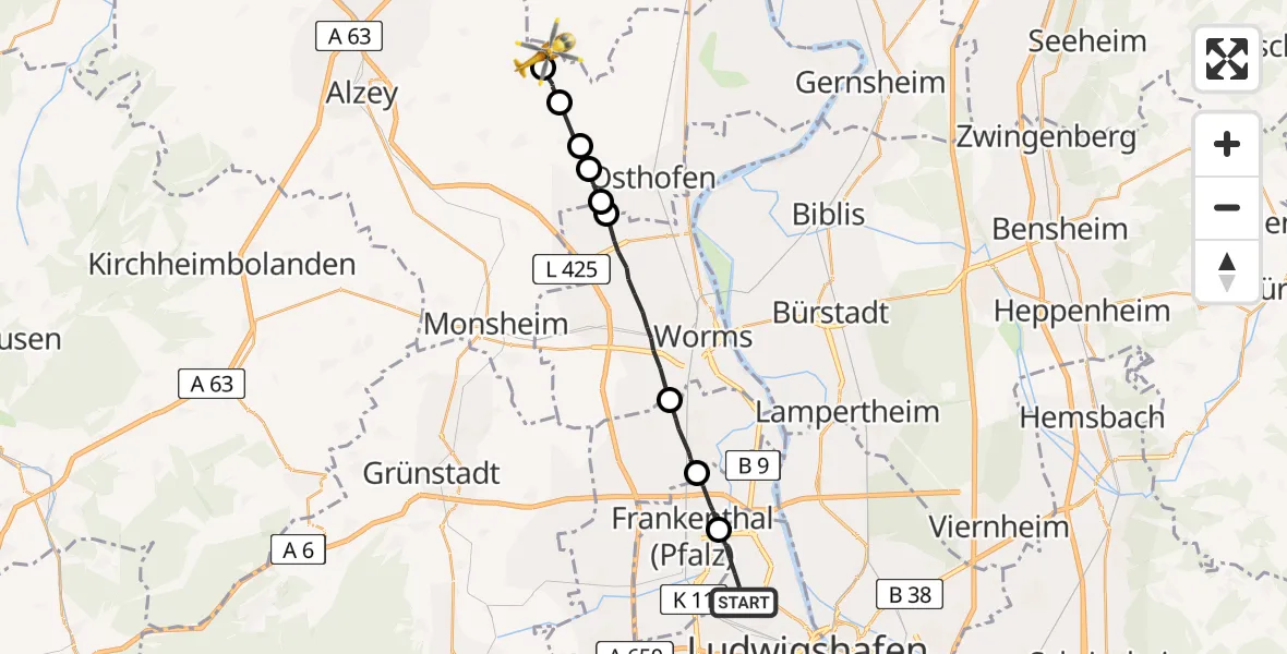 Routekaart van de vlucht: Rettungshubschrauber nach Frettenheim, Bachstraße