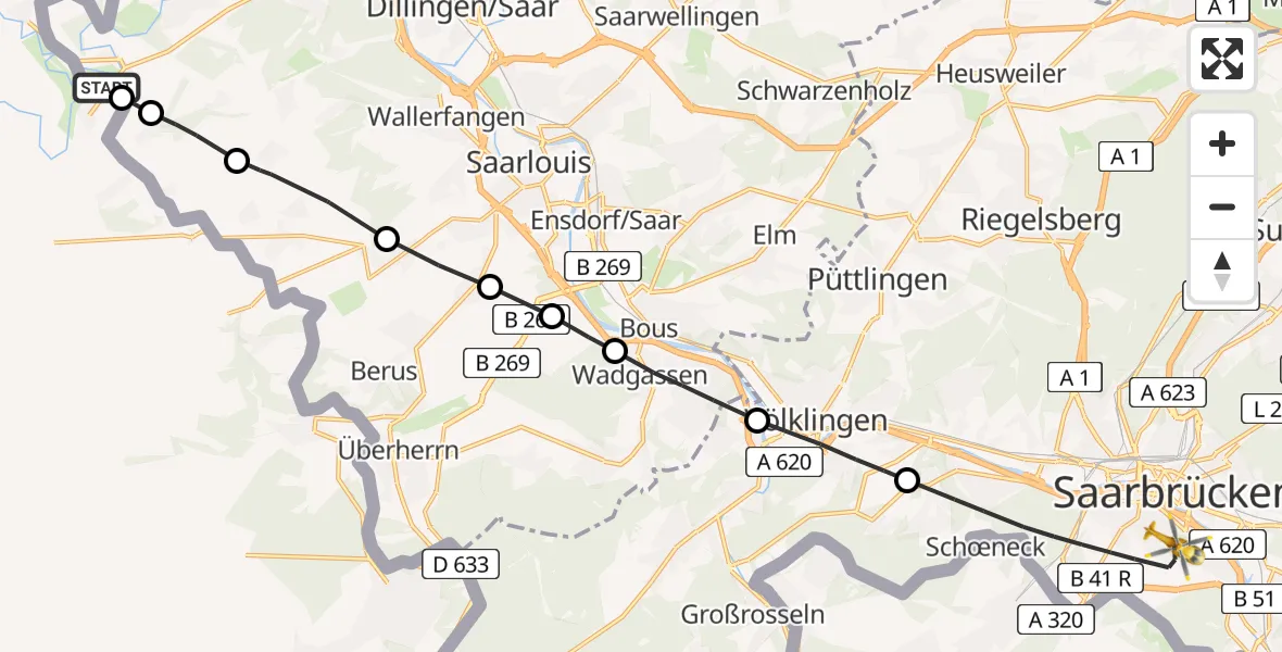 Flugroute Rettungshubschrauber Remeldorff - Saarbrücken, 14 Februar 2026, 14:26