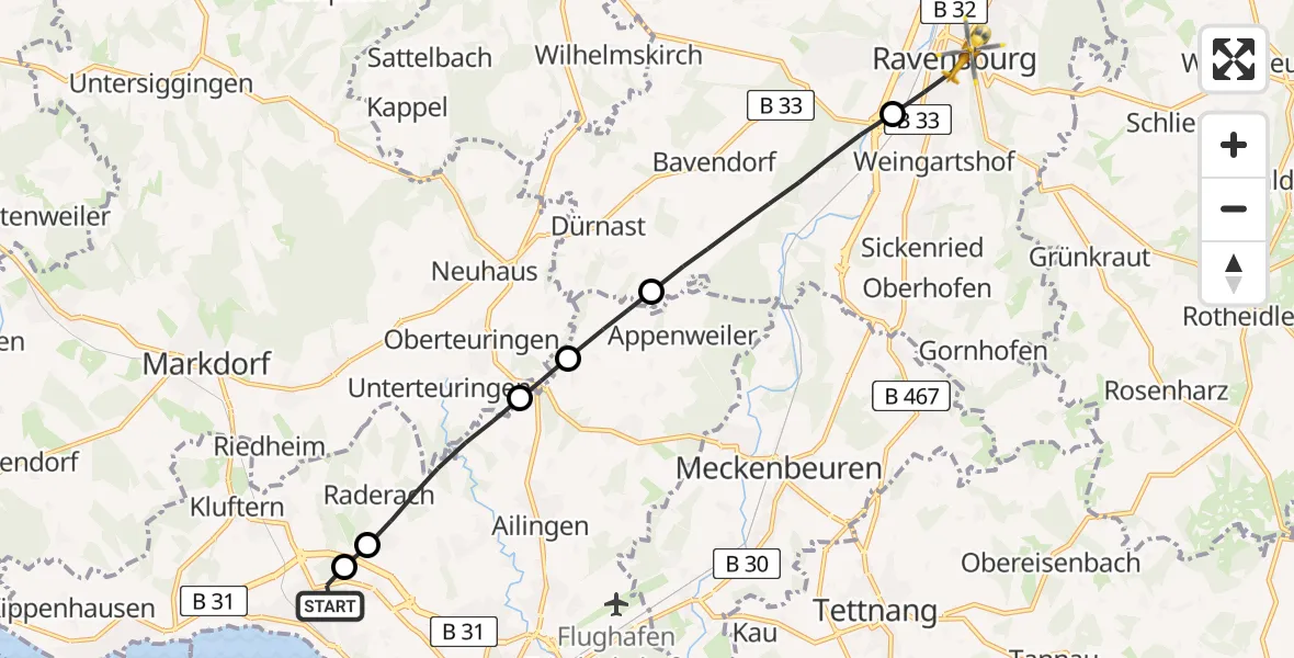 Flugroute Rettungshubschrauber Friedrichshafen Hospital Heliport - Ravensburg, 14 Februar 2026, 14:28