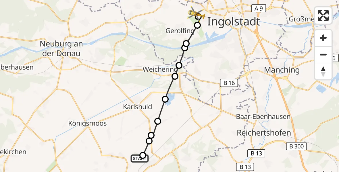 Flugroute Rettungshubschrauber Alteneich - Ingolstadt Hospital Heliport, 14 Februar 2026, 14:40