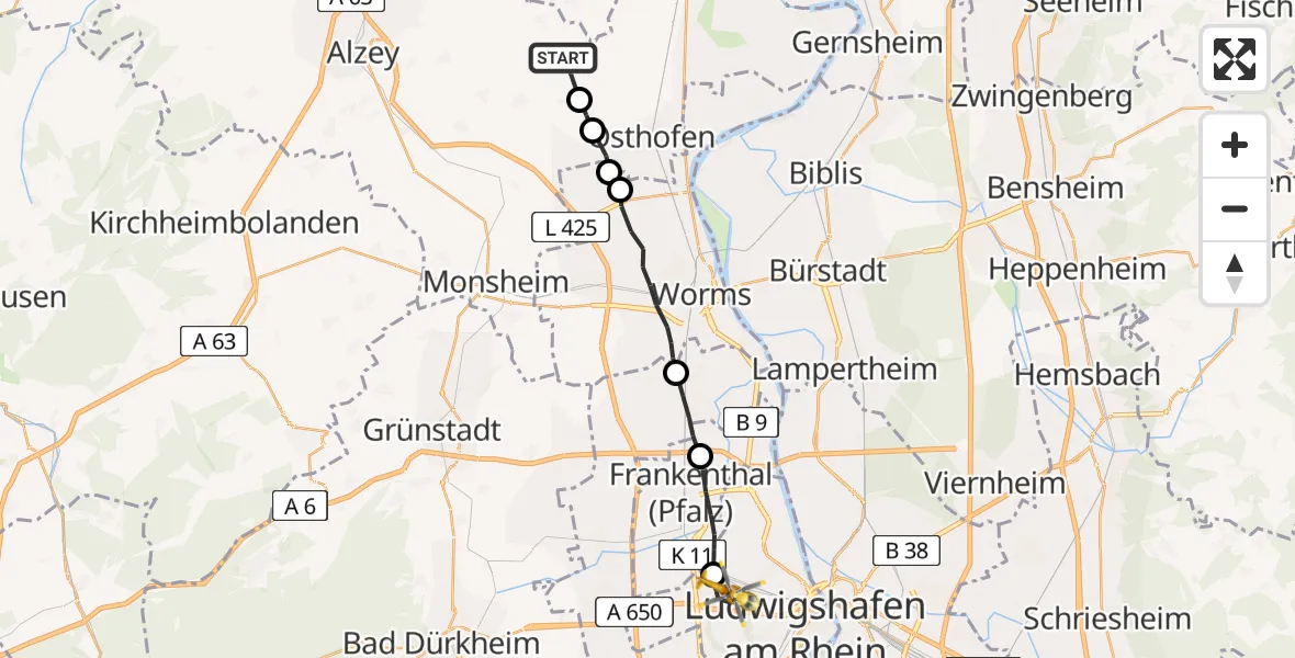 Routekaart van de vlucht: Rettungshubschrauber nach Ludwigshafen am Rhein, In den Neugärten