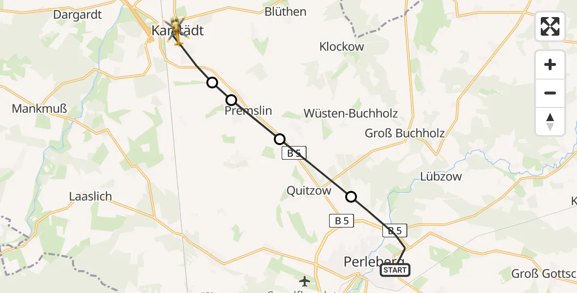 Flugroute Rettungshubschrauber Perleberg - Karstädt, 14 Februar 2026, 15:01