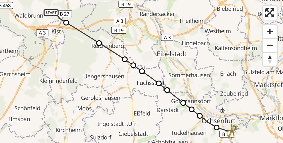 Flugroute Rettungshubschrauber Eisingen - Ochsenfurt, 14 Februar 2026, 15:04