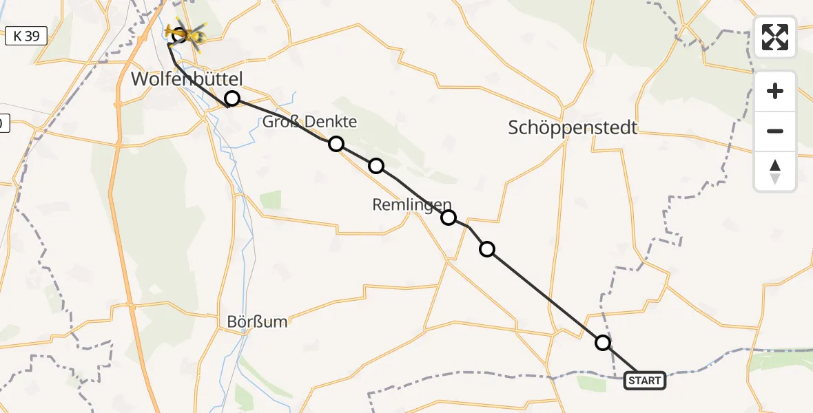 Flugroute Rettungshubschrauber Osterwieck - Wolfenbüttel Municipal Hospital Heliport (Christoph 30), 14 Februar 2026, 15:08