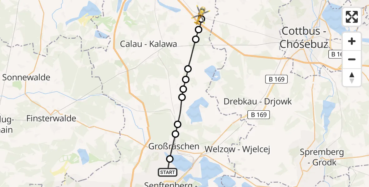 Flugroute Rettungshubschrauber Senftenberg - Vetschau/Spreewald, 14 Februar 2026, 15:19