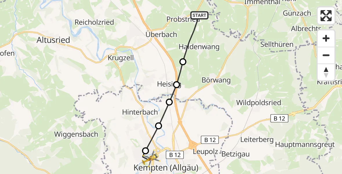 Flugroute Rettungshubschrauber Seebach - Kempten (Allgäu), 14 Februar 2026, 15:27