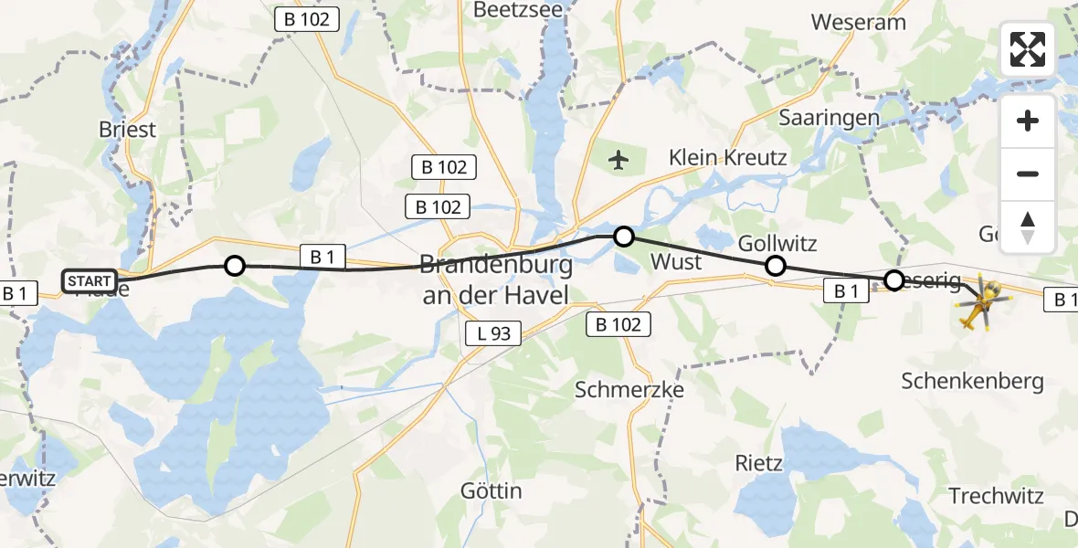 Routekaart van de vlucht: Rettungshubschrauber nach Jeserig, Göhlsdorfer Straße