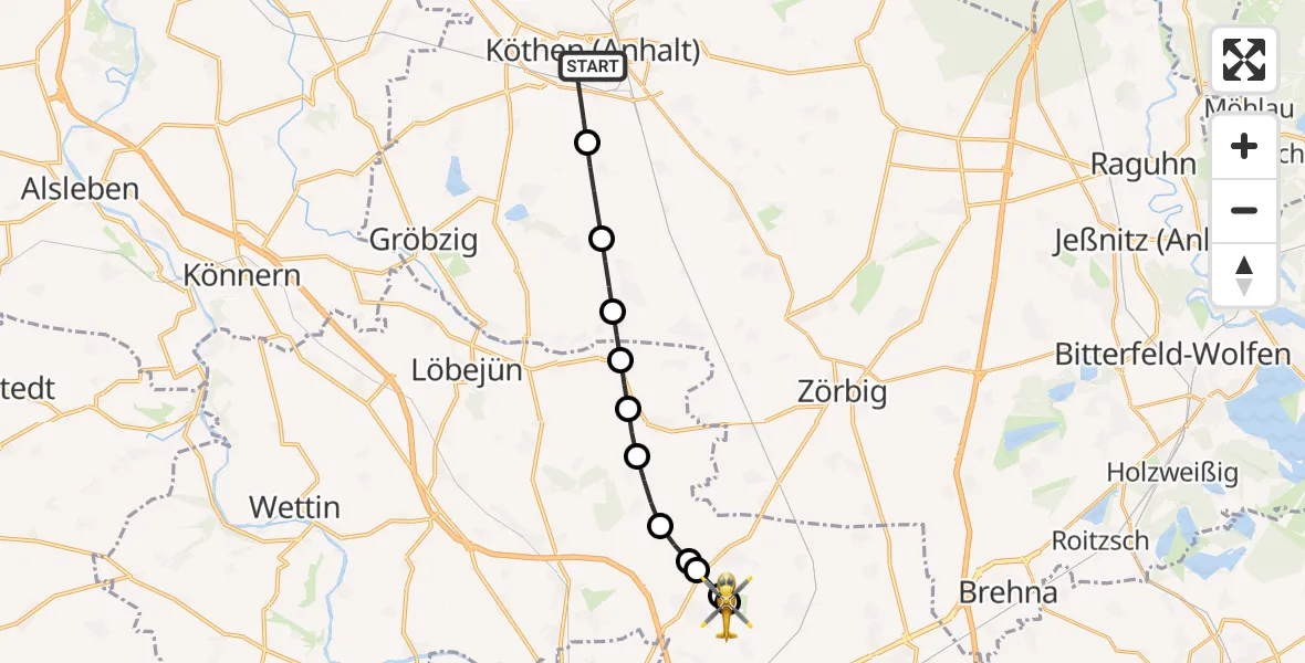 Flugroute Ambulanzhubschrauber Köthen (Anhalt) - Halle-Oppin Airfield, 14 Februar 2026, 15:51