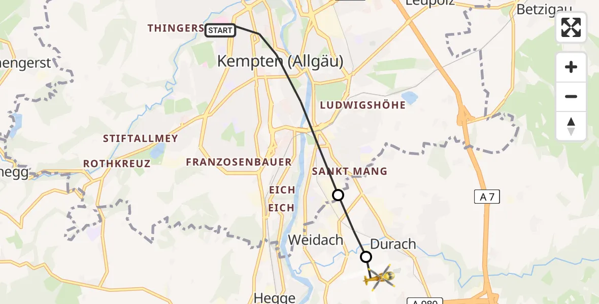 Flugroute Rettungshubschrauber Kempten (Allgäu) - Kempten-Durach Airfield, 14 Februar 2026, 16:01