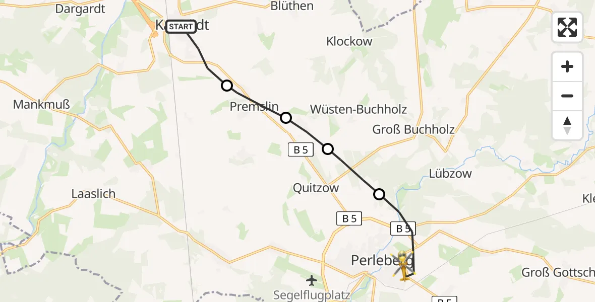 Flugroute Rettungshubschrauber Karstädt - Perleberg, 14 Februar 2026, 16:09