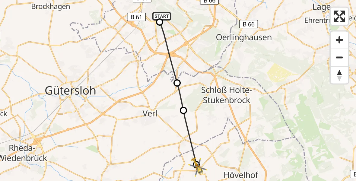 Flugroute Rettungshubschrauber Luftrettungszentrum Bielefeld - Espeln, 14 Februar 2026, 16:14