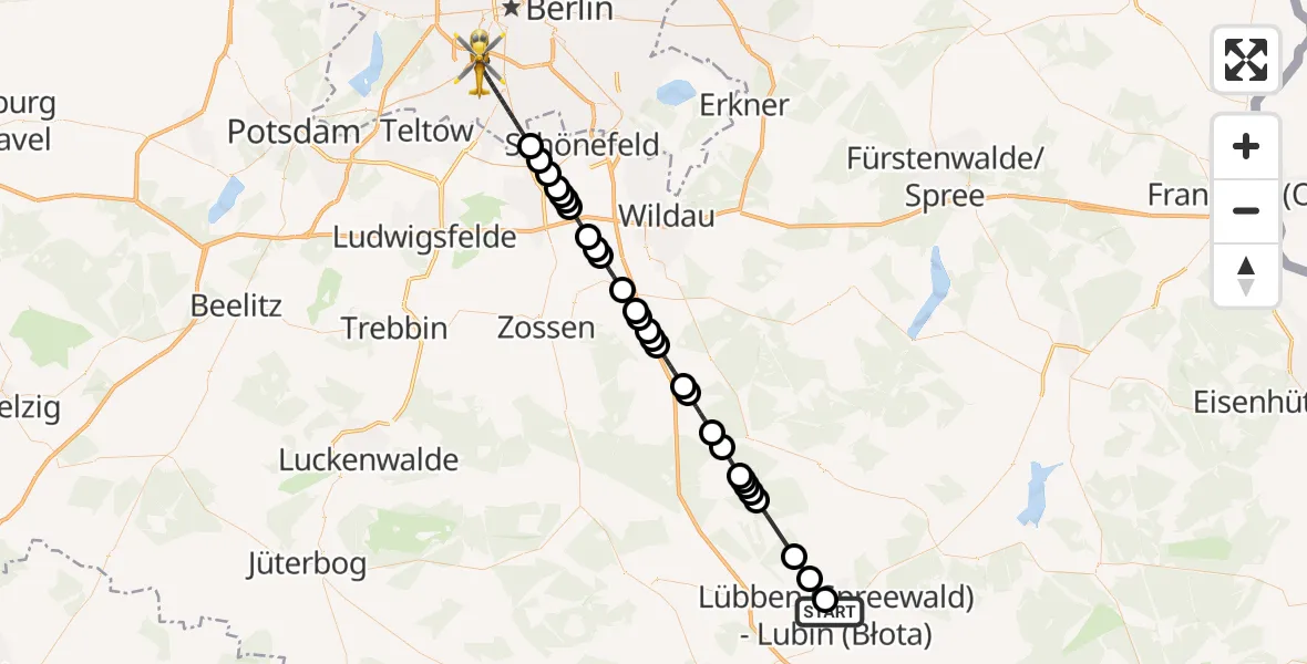 Flugroute Ambulanzhubschrauber Lübben (Spreewald) - Berlin, 14 Februar 2026, 16:16