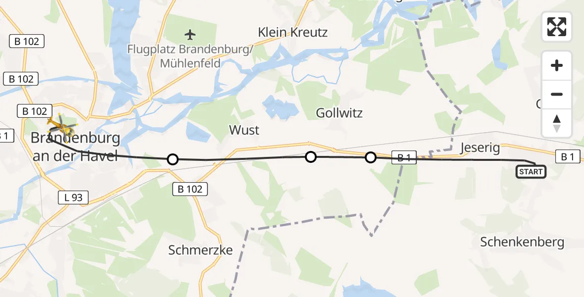 Flugroute Rettungshubschrauber Jeserig - Brandenburg an der Havel, 14 Februar 2026, 16:25