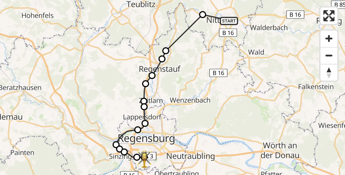 Flugroute Rettungshubschrauber Nittenau - DRF Air Rescue Station Regensburg / Regensburg University Hospital Heliport, 14 Februar 2026, 16:28