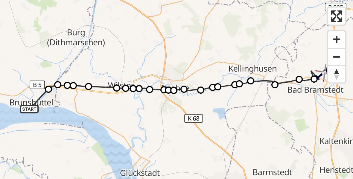 Flugroute Polizeihubschrauber Brunsbüttel - Bad Bramstedt Heliport, 14 Februar 2026, 16:35