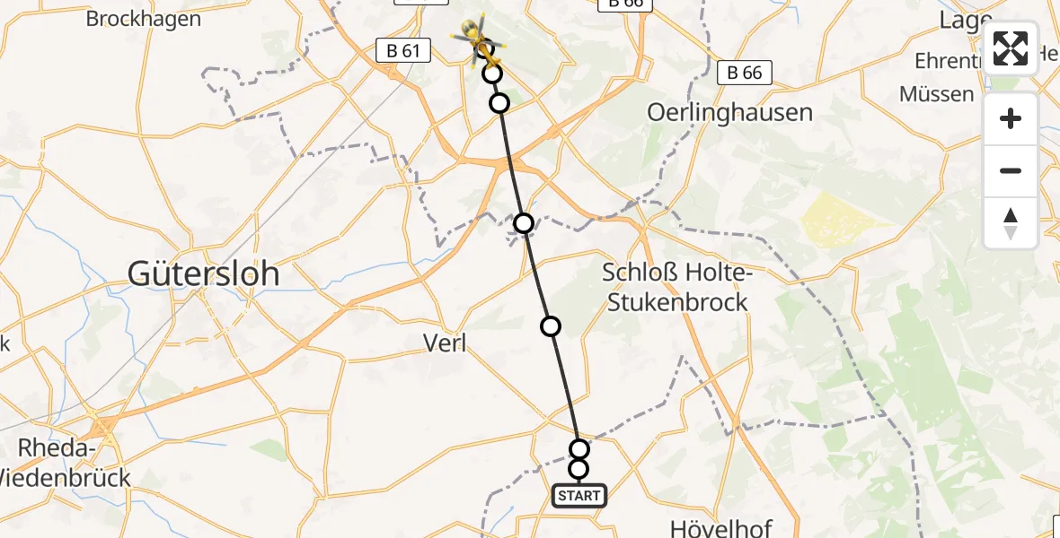Flugroute Rettungshubschrauber Espeln - Luftrettungszentrum Bielefeld, 14 Februar 2026, 16:40