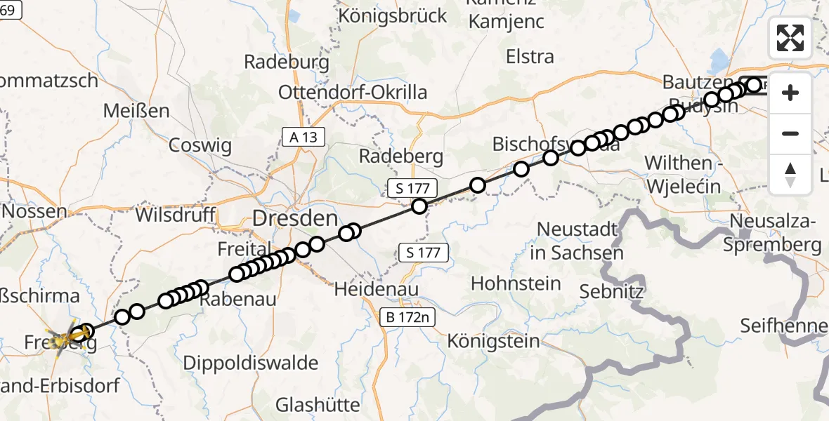 Flugroute Rettungshubschrauber Bautzen Airfield - Freiberg, 14 Februar 2026, 19:15