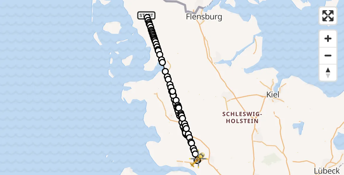 Flugroute Rettungshubschrauber Niebüll - Nortorf, 14 Februar 2026, 20:14