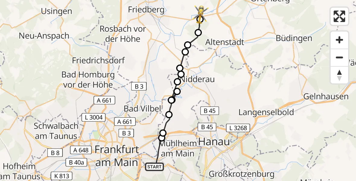 Flugroute Ambulanzhubschrauber Offenbach am Main - Nieder-/Ober-Florstadt, 14 Februar 2026, 20:19
