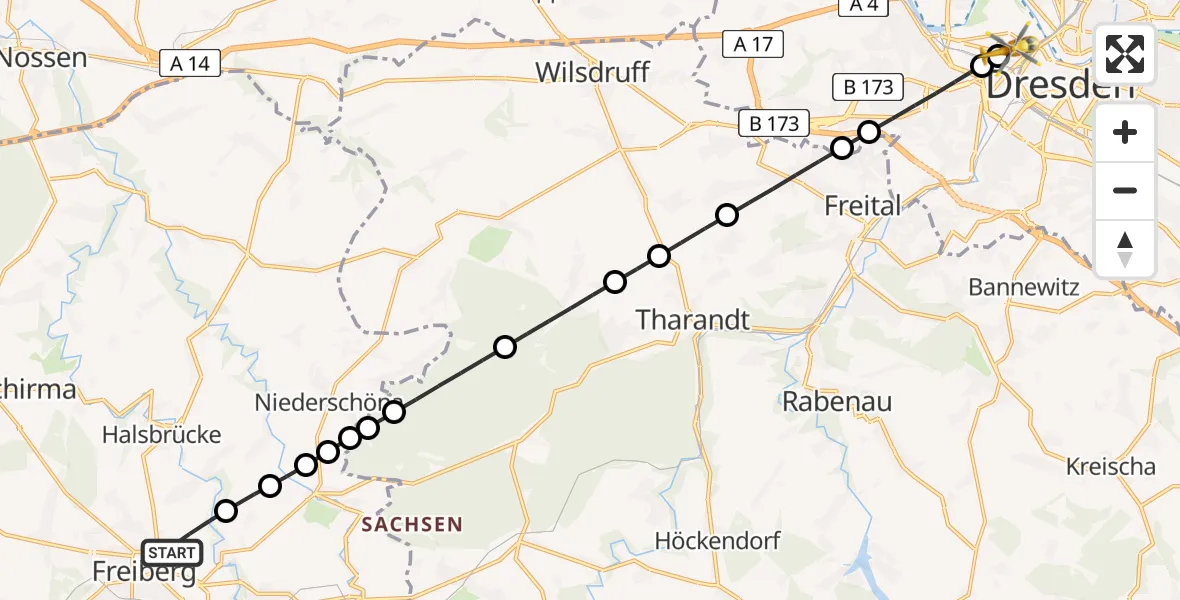 Flugroute Rettungshubschrauber Freiberg - Dresden Friedrichstadt Hospital Heliport, 14 Februar 2026, 20:22