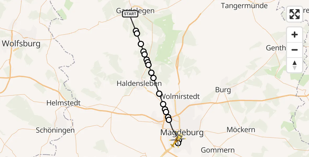 Flugroute Ambulanzhubschrauber Gardelegen - Magdeburg, 14 Februar 2026, 21:06
