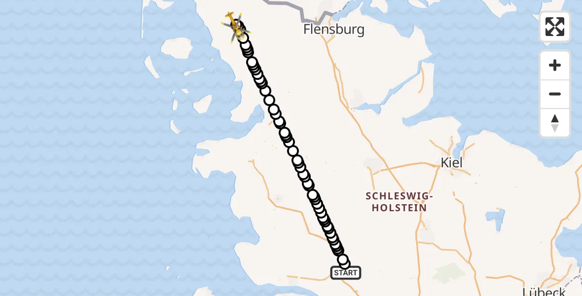 Flugroute Rettungshubschrauber Itzehoe - Niebüll, 14 Februar 2026, 22:51