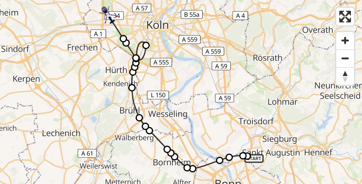 Flugroute Polizeihubschrauber Sankt Augustin - Lindenthal, 15 Februar 2026, 00:01