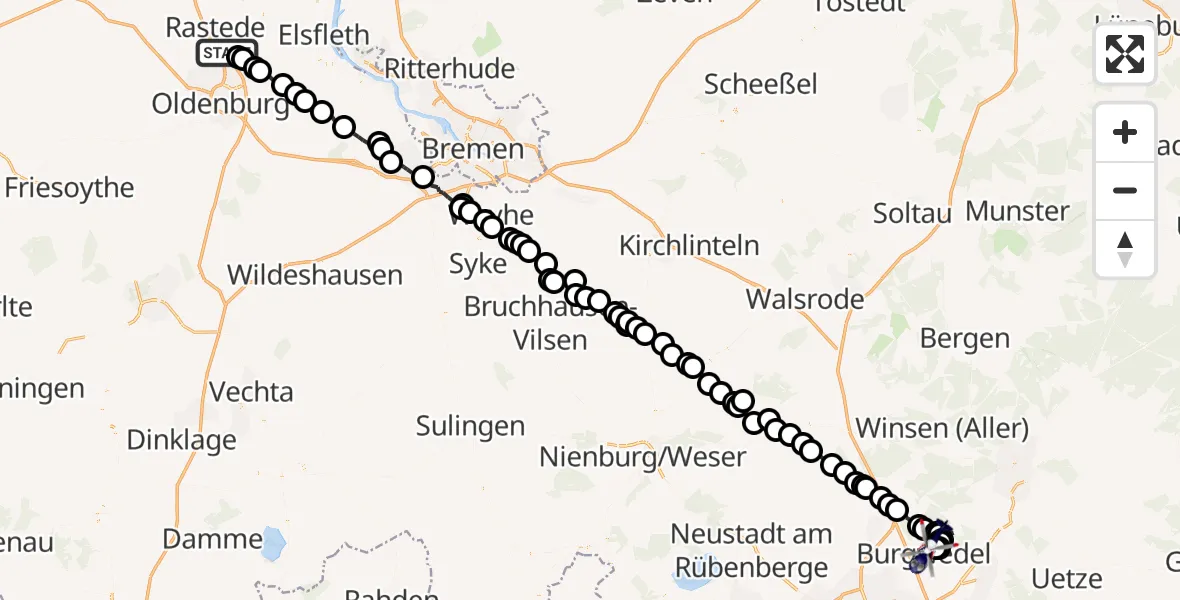 Flugroute Polizeihubschrauber Wahnbek - Kleinburgwedel, 15 Februar 2026, 02:15