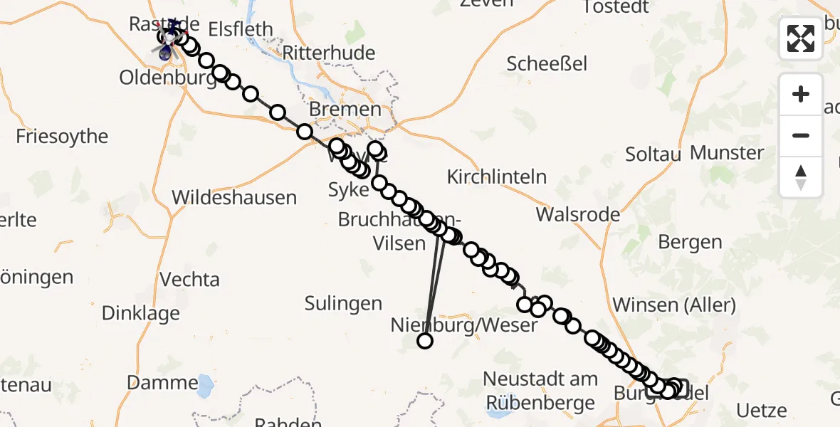 Flugroute Polizeihubschrauber Kleinburgwedel - Oldenburg Police Heliport, 15 Februar 2026, 03:22
