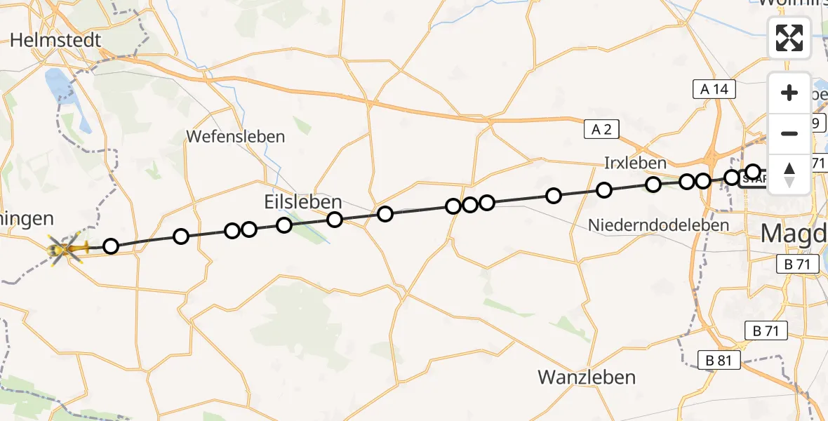 Flugroute Rettungshubschrauber Magdeburg Hospital Heliport - Hötensleben, 15 Februar 2026, 06:29