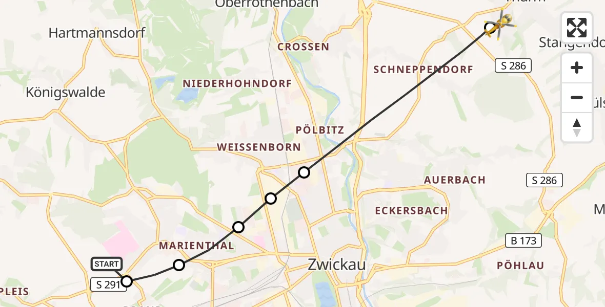 Flugroute Rettungshubschrauber ADAC Air Rescue Station Zwickau Heliport - Mülsen, 15 Februar 2026, 06:53