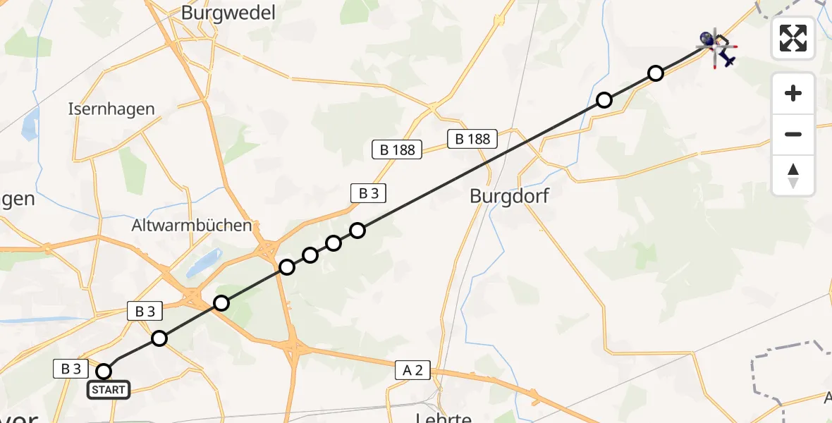 Flugroute Polizeihubschrauber Hannover Air Rescue Heliport (Christoph 4) - Hägewiesen, 15 Februar 2026, 06:58