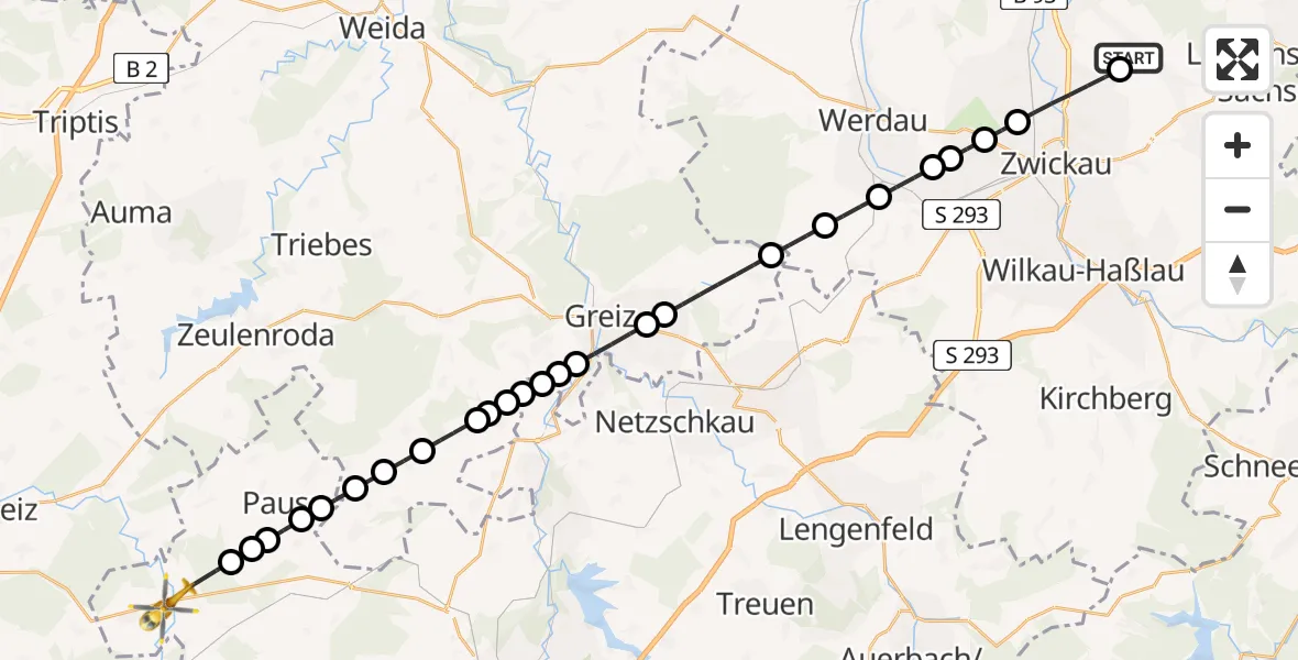 Flugroute Rettungshubschrauber Mülsen - Mühltroff, 15 Februar 2026, 07:29