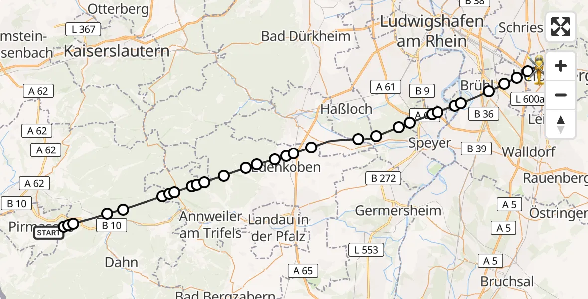 Flugroute Rettungshubschrauber Pirmasens - Heidelberg, 15 Februar 2026, 07:30