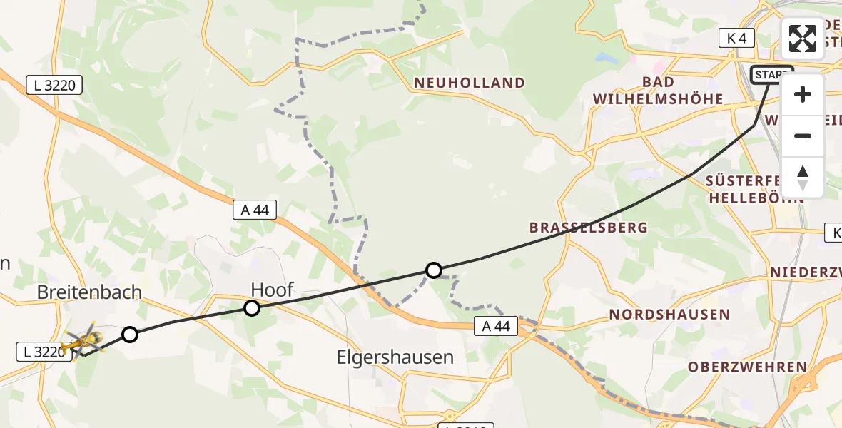 Flugroute Rettungshubschrauber Kassel - Breitenbach, 15 Februar 2026, 07:35
