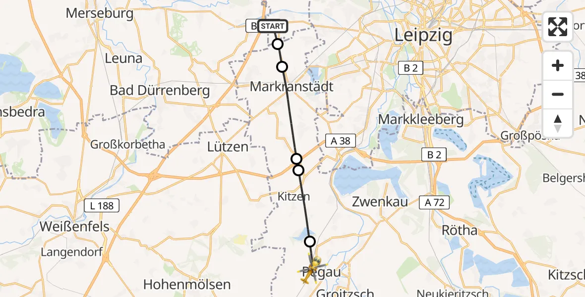 Flugroute Rettungshubschrauber Schkeuditz - Carsdorf, 15 Februar 2026, 07:40